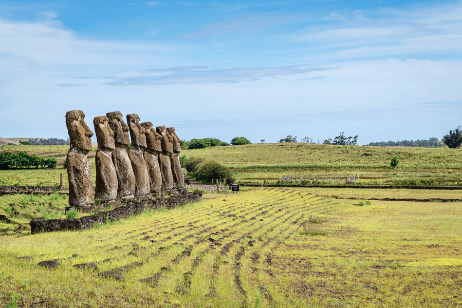 Ahu Akivi Moai Statues, seven moai statues  all of equal shape and size side by side in a row looking out towards the Pacific Ocean under blue summer sky. A feature of the seven identical moai statues is that they exactly face sunset during spring equinox and have their backs to the sunrise during the autumn equinox.Easter Island, Isla de Pascua, Polynesia, Chile, Oceania